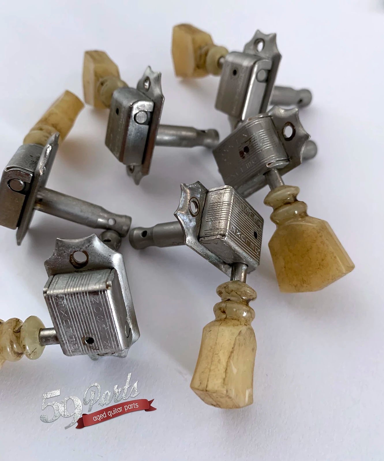 Set of 6 hand aged KLUSON Deluxe double ring tuners, w/bushings and screws, nickel, Gibson Les Paul, 59 Parts
