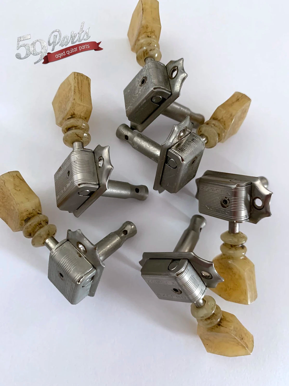Set of 6 hand aged KLUSON Deluxe double ring tuners, w/bushings and screws, nickel, Gibson Les Paul, 59 Parts