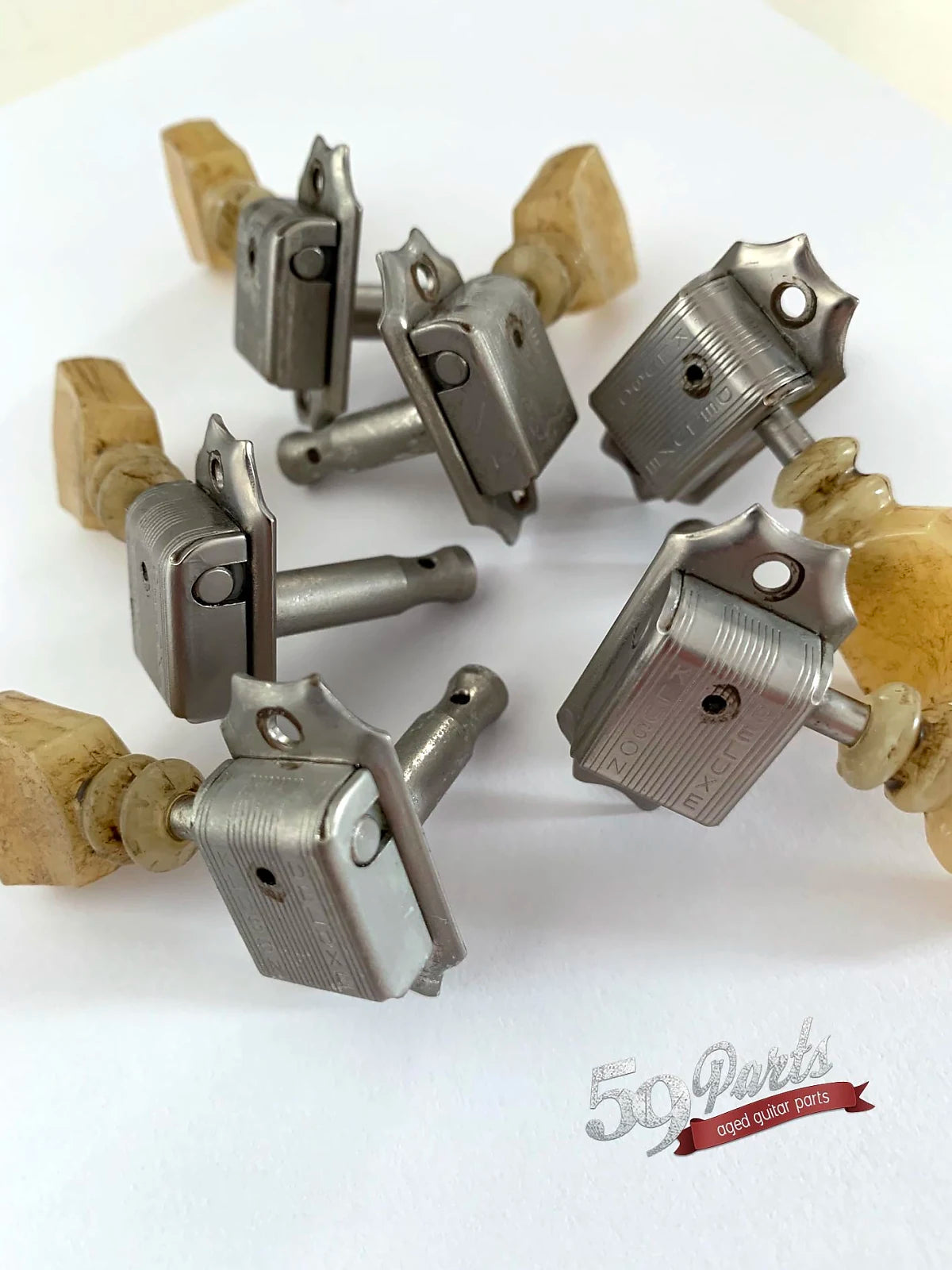 Set of 6 hand aged KLUSON Deluxe double ring tuners, w/bushings and screws, nickel, Gibson Les Paul, 59 Parts