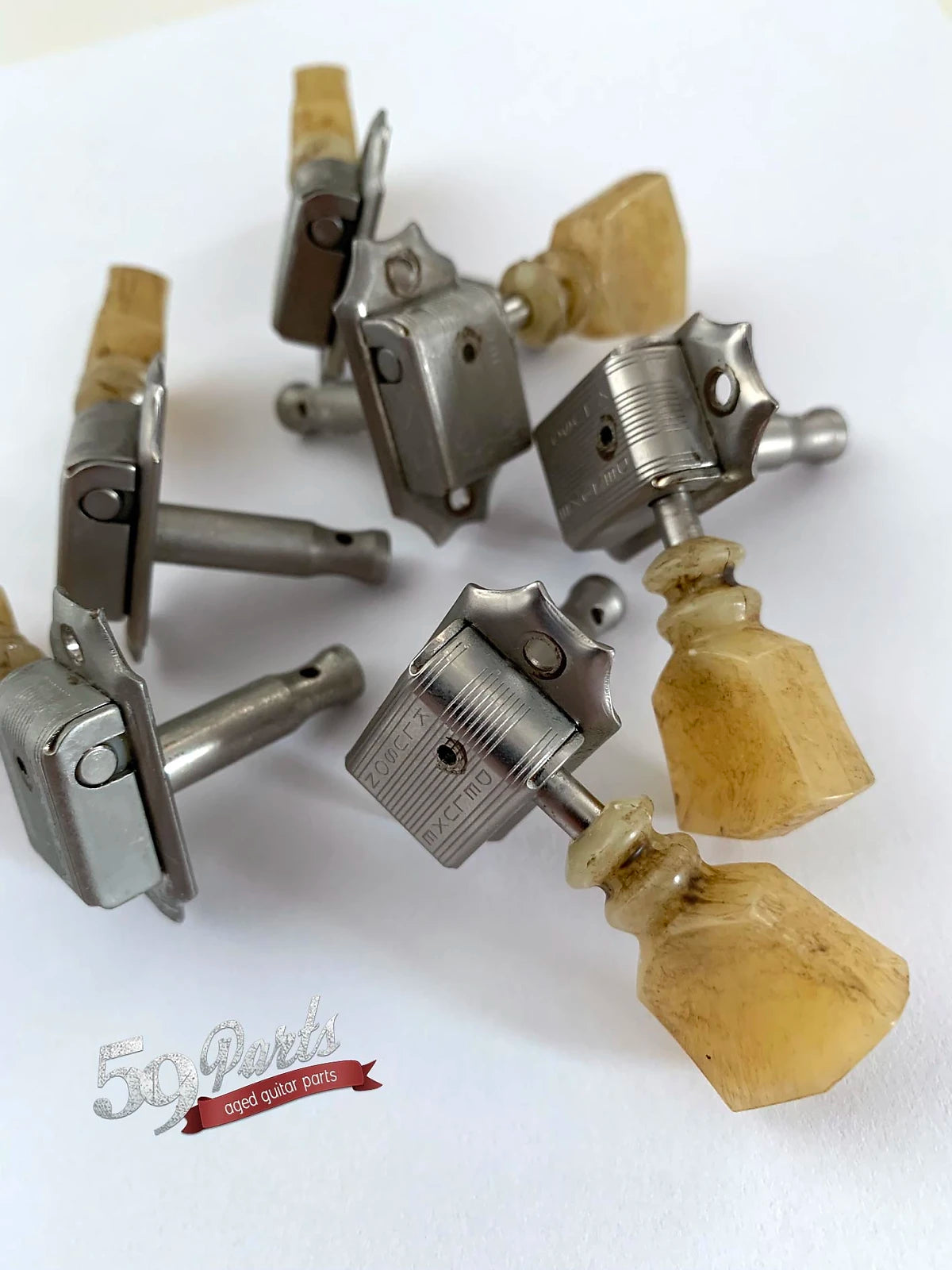 Set of 6 hand aged KLUSON Deluxe double ring tuners, w/bushings and screws, nickel, Gibson Les Paul, 59 Parts