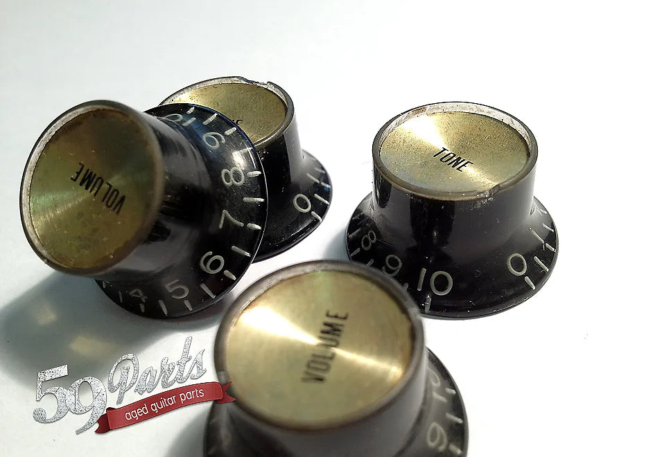 Set of 4 Hand Aged Gibson Les Paul Reflector Knobs black/gold, relic, 59 Parts