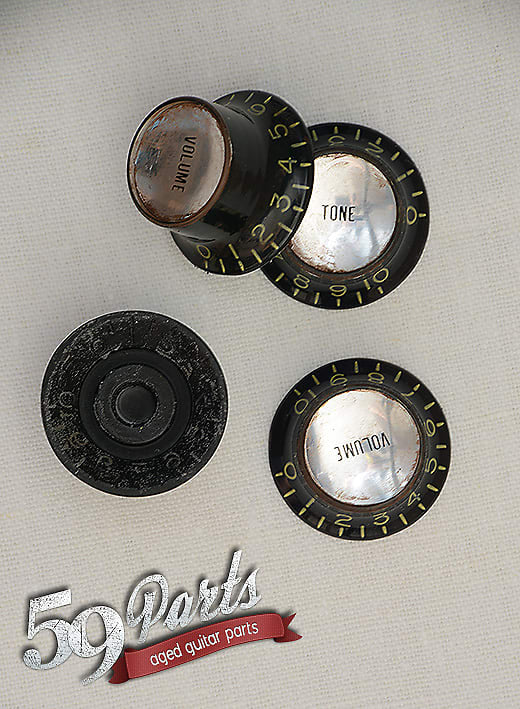 Aged Gibson Les Paul Reflector Knobs black/silver, relic, set of 4, 59 Parts