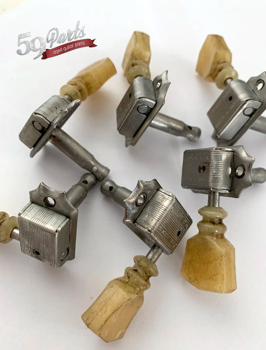 Set of 6 hand aged KLUSON Deluxe double ring tuners, w/bushings and screws, nickel, Gibson Les Paul, 59 Parts