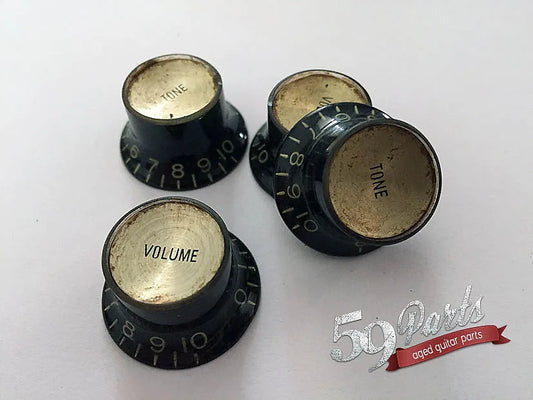 Set of 4 Hand Aged Gibson Les Paul Reflector Knobs black/gold, relic, 59 Parts